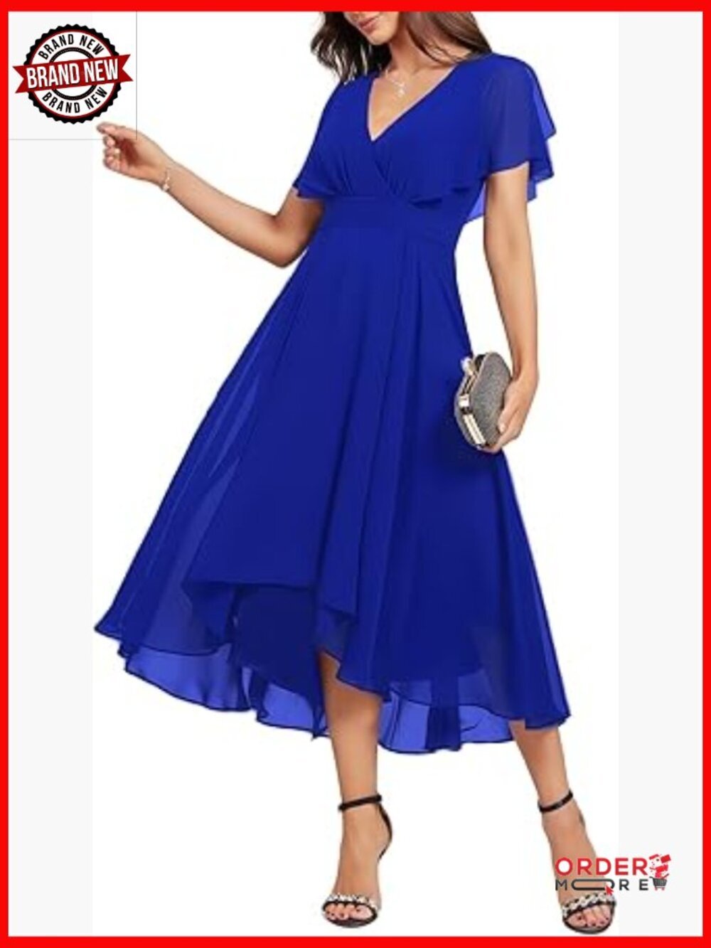 Wrap V Neck Flutter Sleeve Chiffon Midi Dress Wedding Guest Cocktail
